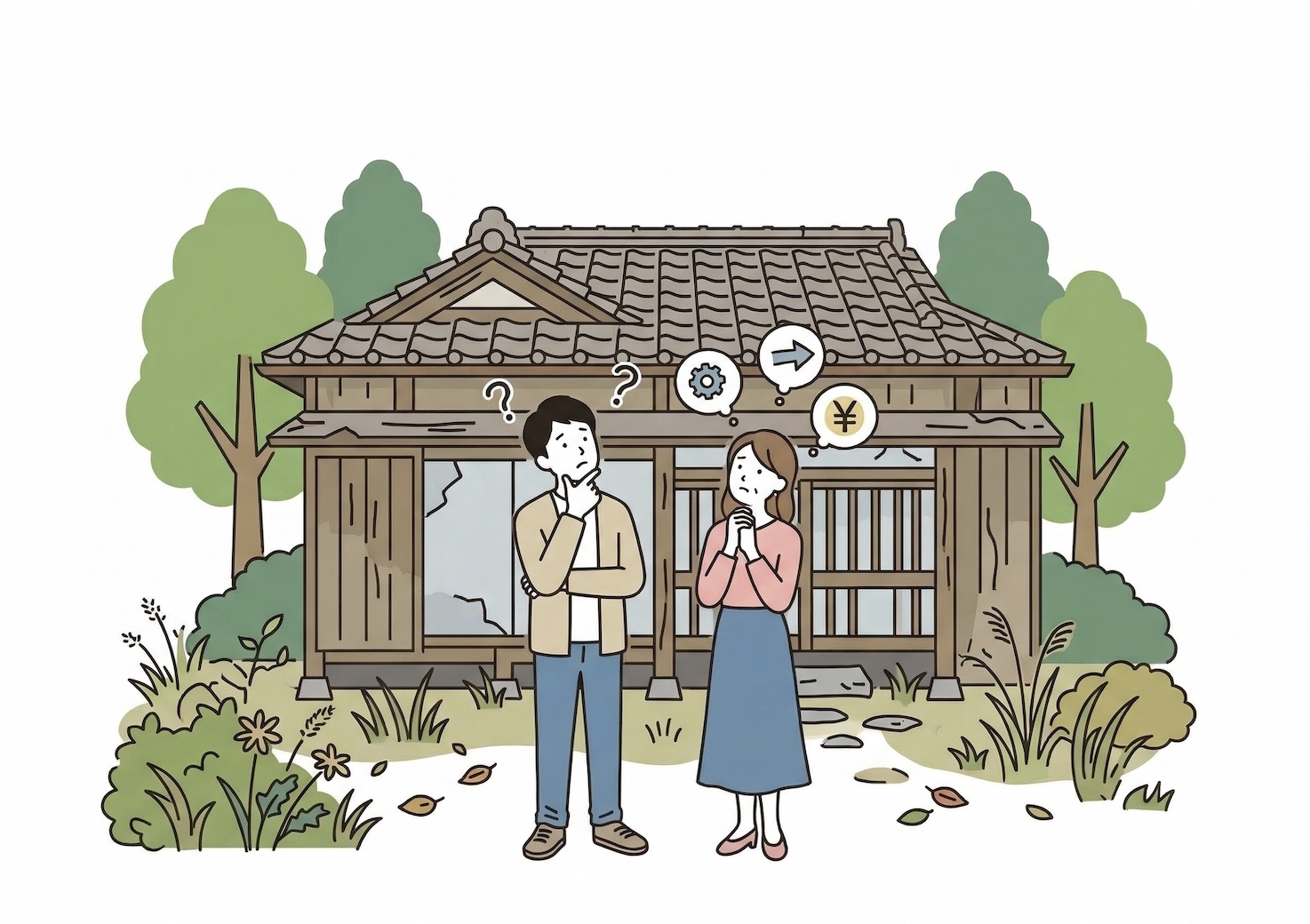 悩む男女と空き家