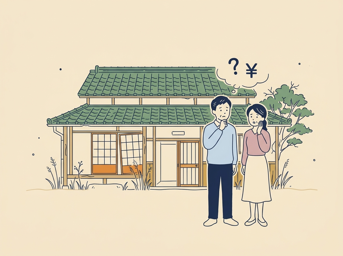 悩む男女と空き家