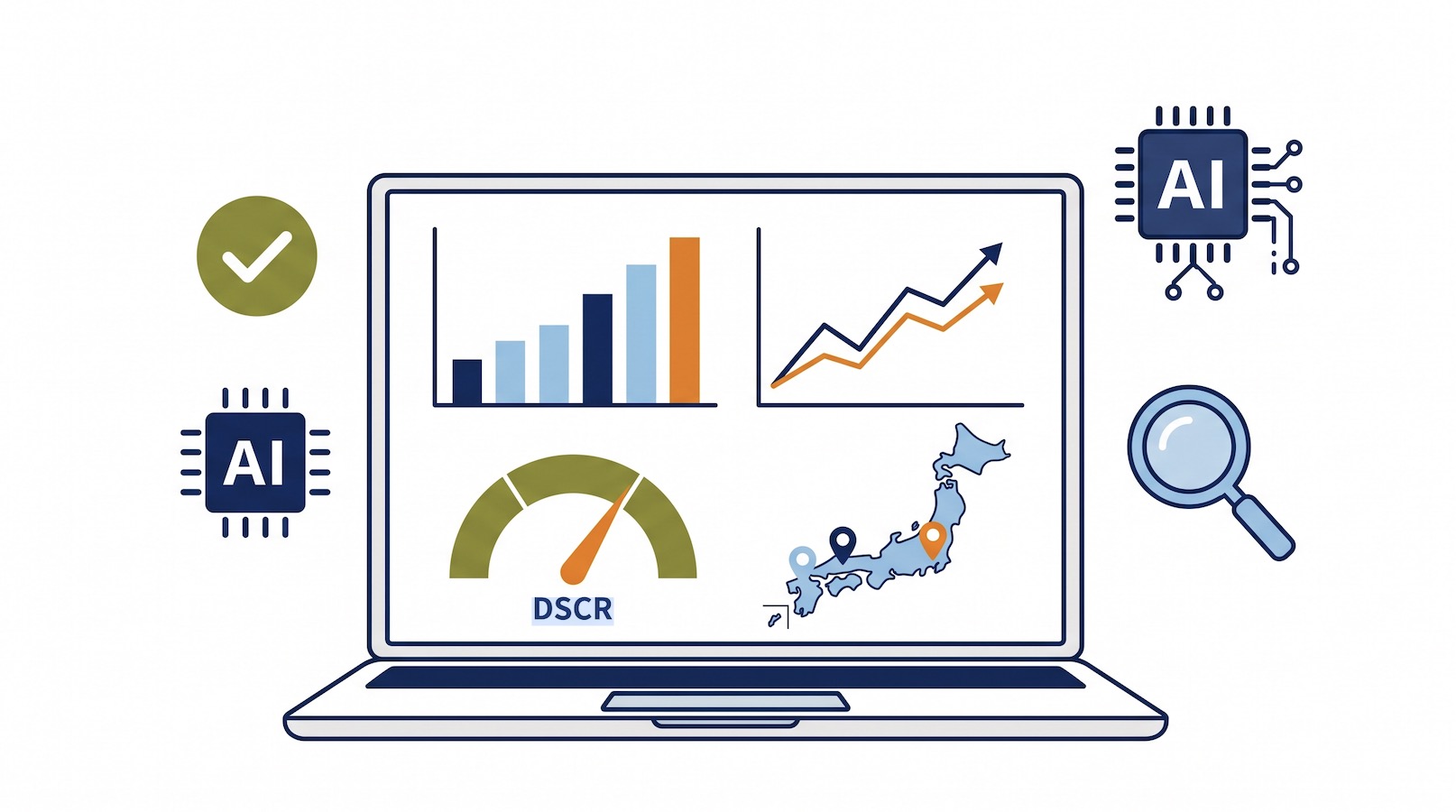 AI解析レポートのイメージ — CF・IRR・DSCR・エリア分析