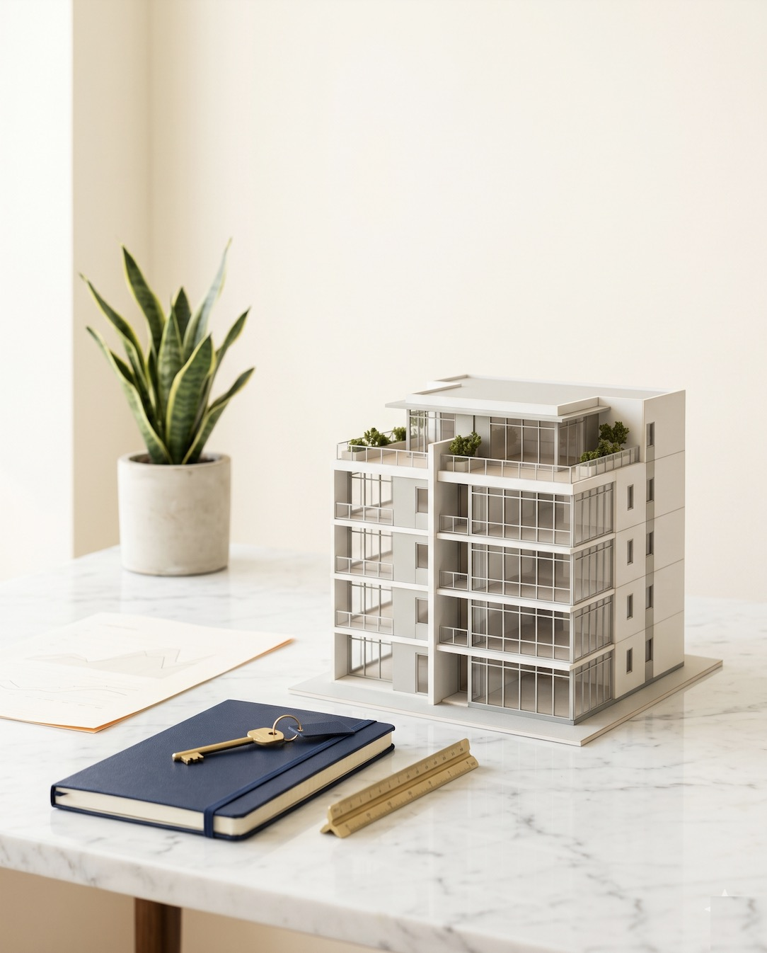 マーブルデスク上の一棟収益物件ミニチュアと金の鍵 — 数字で判断する不動産投資